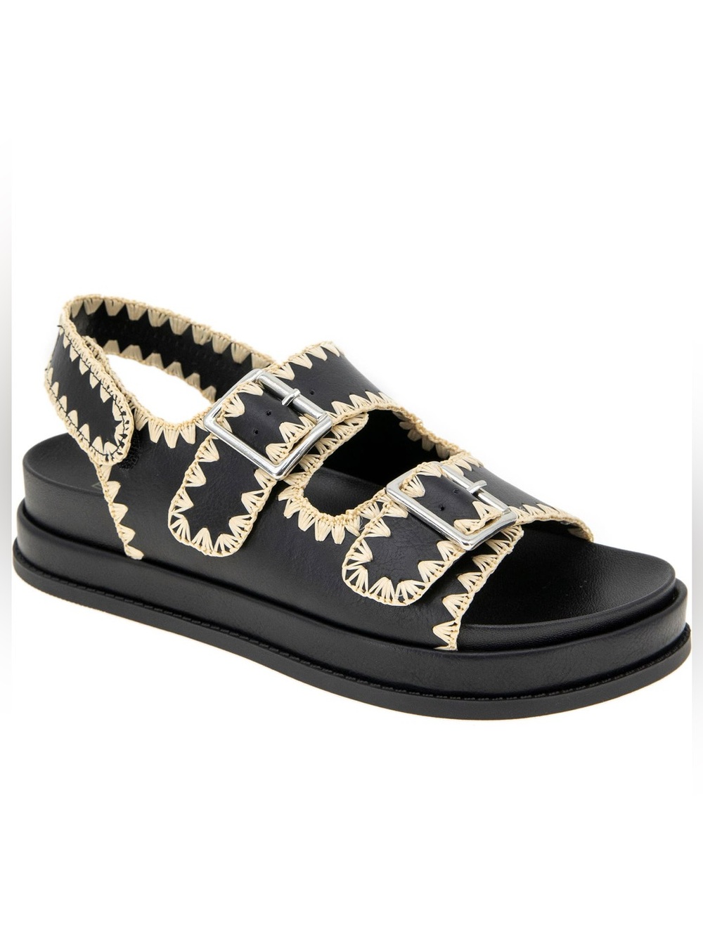 BCBGeneration Beena PlatformBlack Sandals with Cream Whipstitch and Silver Buckl